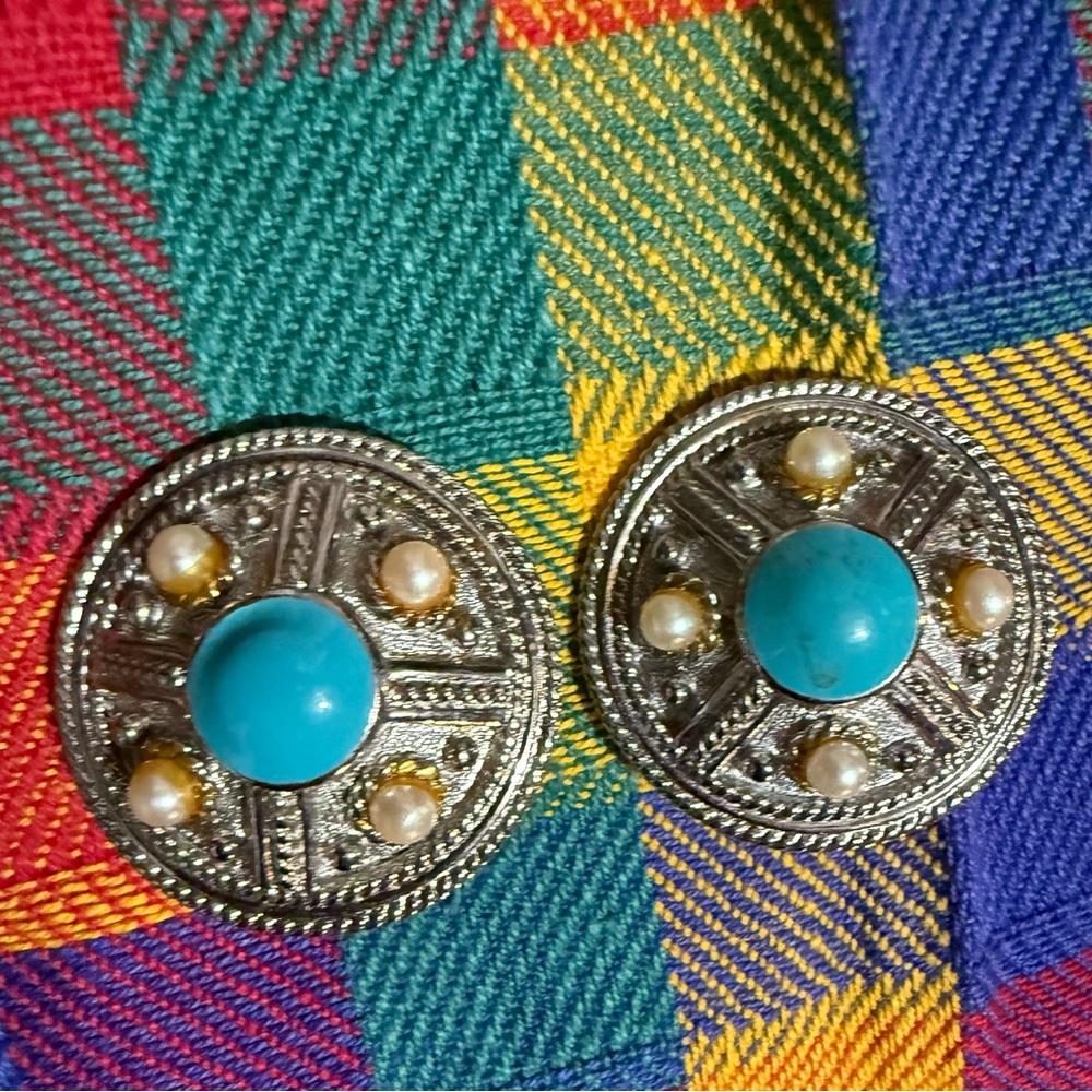 Silver and Turquoise Button Clip On Earrings